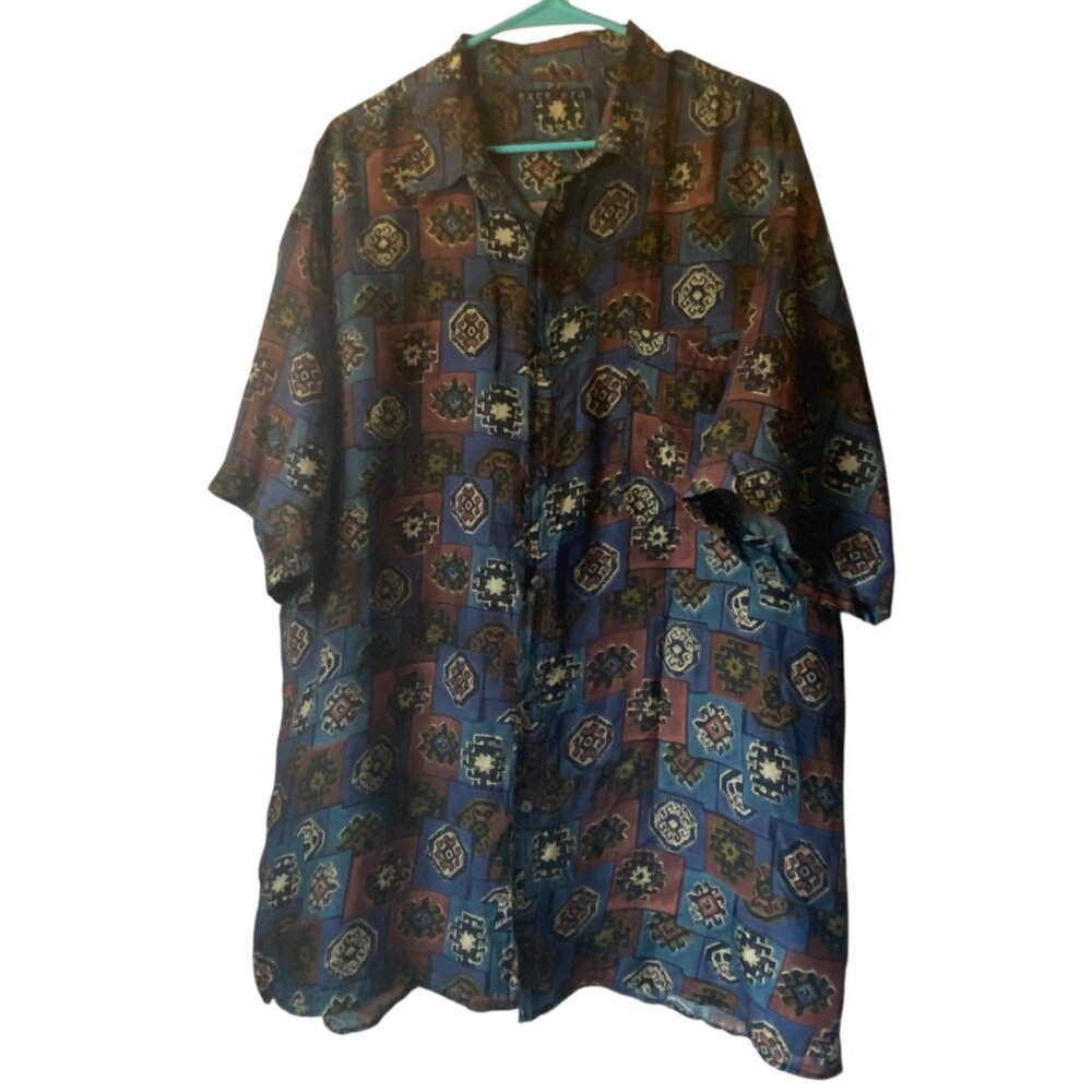 Excetera Vintage XL Silk Short Sleeve Shirt Geometric‎ Tribal Club Multicolor